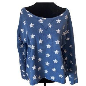 Poof Sweatshirt Blue White Star Americana Medium Distressed Peek a Boo Back Top